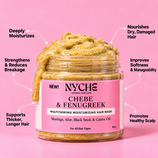 NYCHS chebé and fenugreek moisturizing hair mask jar with pink label