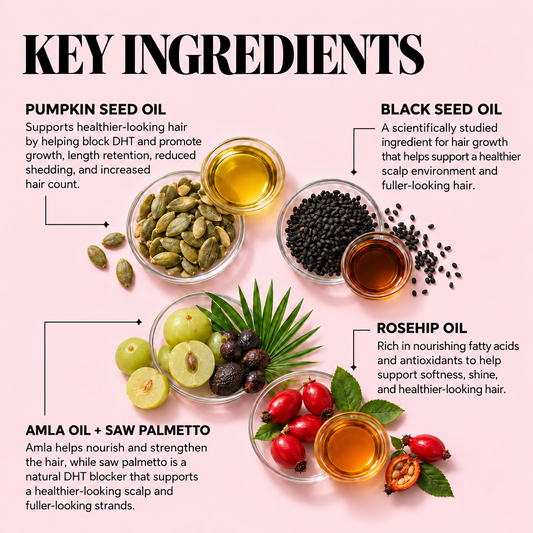 Hair oil key ingredients: jars of oil with pumpkin seed, black seed, amla, rosehip