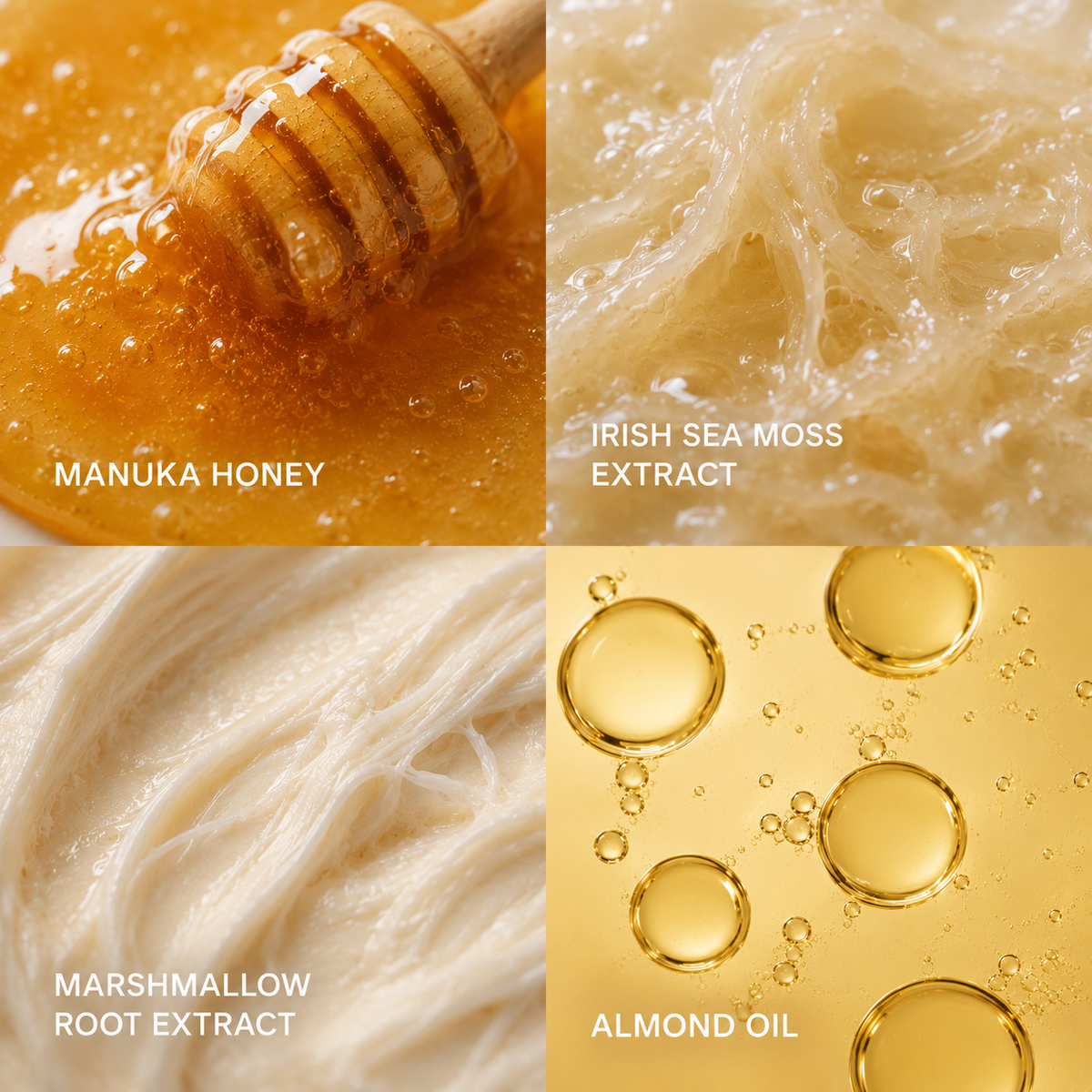 Hair butter ingredients: manuka honey, Irish sea moss, marshmallow root, almond oil