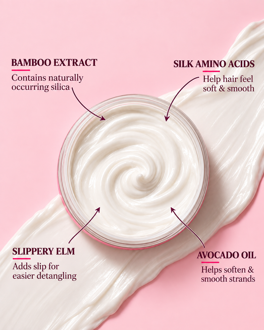 Leave-in curl defining crème in jar with creamy swirl and ingredient callouts