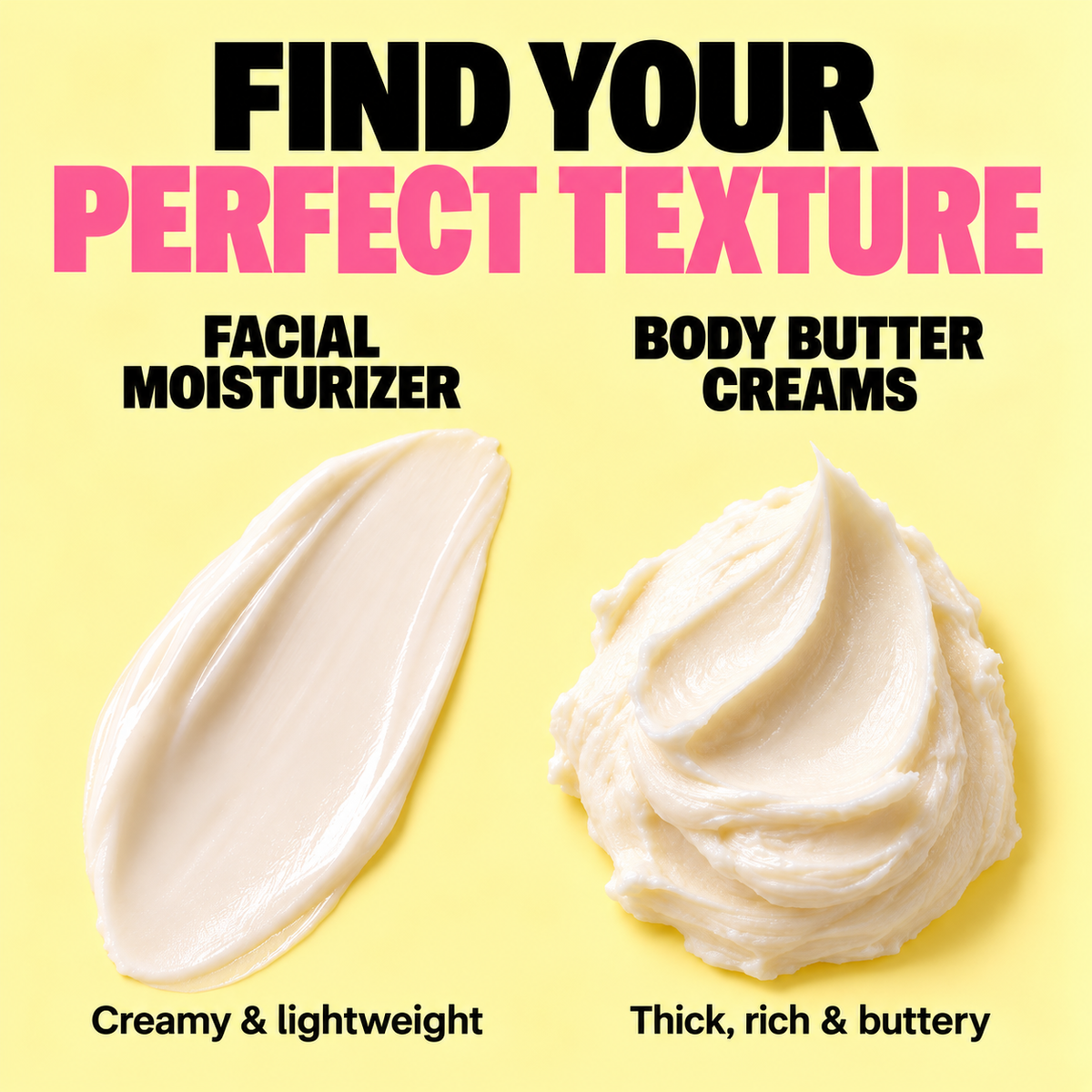 White body butter cream dollops: smooth swipe and thick swirled scoop