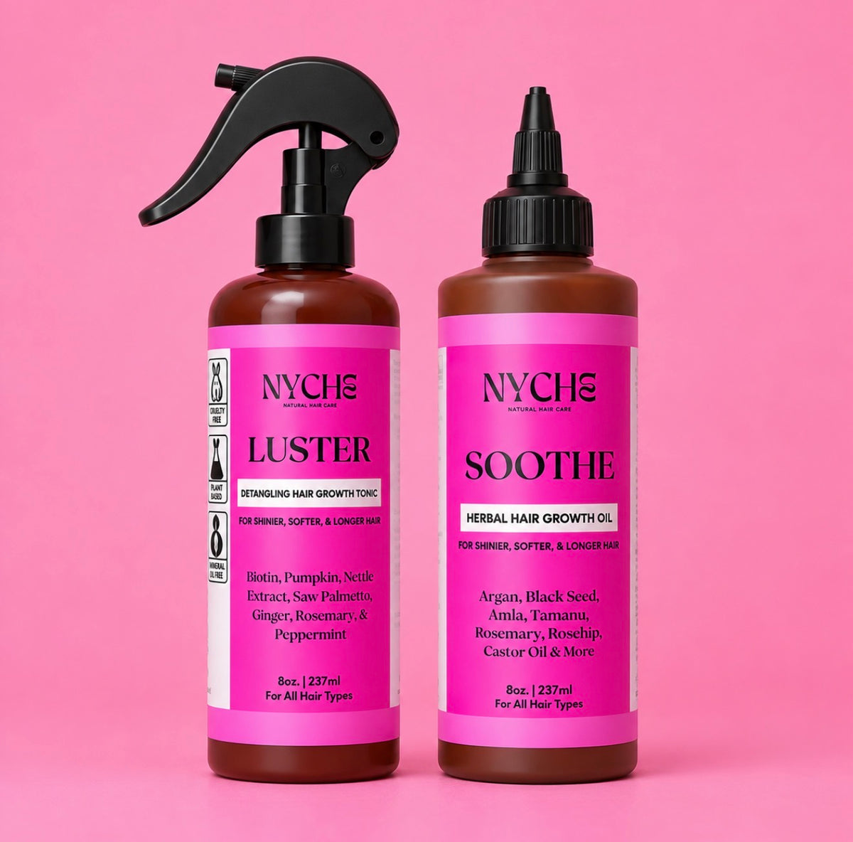 Hair growth duo kit: two brown bottles, one black spray pump and one dropper oil bottle