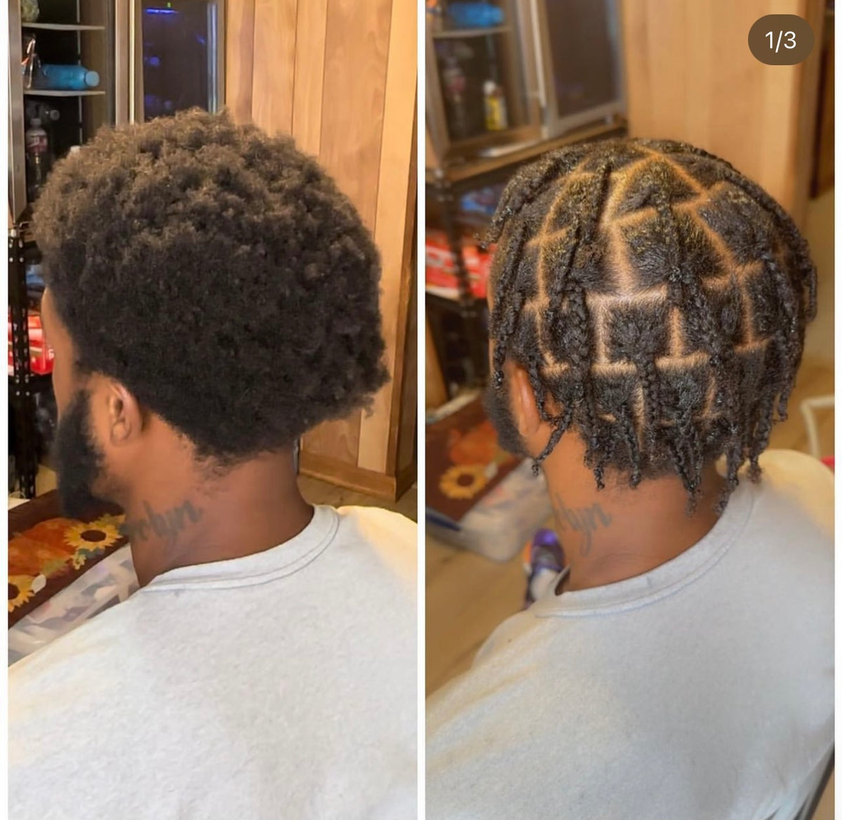 Tightly styled locs with geometric part lines from edge gel