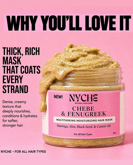 NYCHE Chebé & Fenugreek hair mask jar with thick creamy beige formula