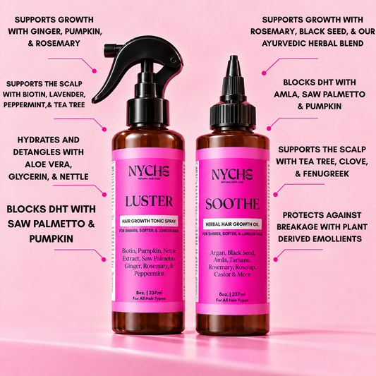 Hair growth duo kit with two pink NYCHS bottles, pump dispenser and dropper tops