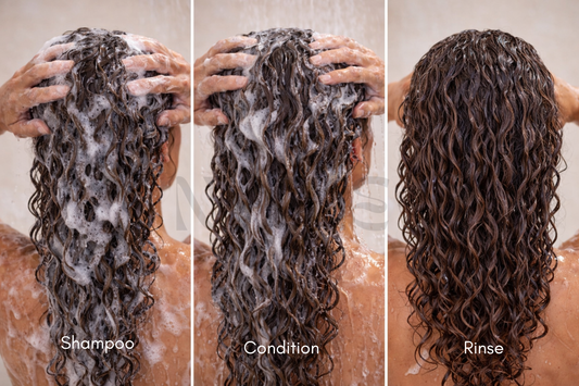 Haircare growth bundle on wet curly hair with foam, shampoo/conditioner rinse