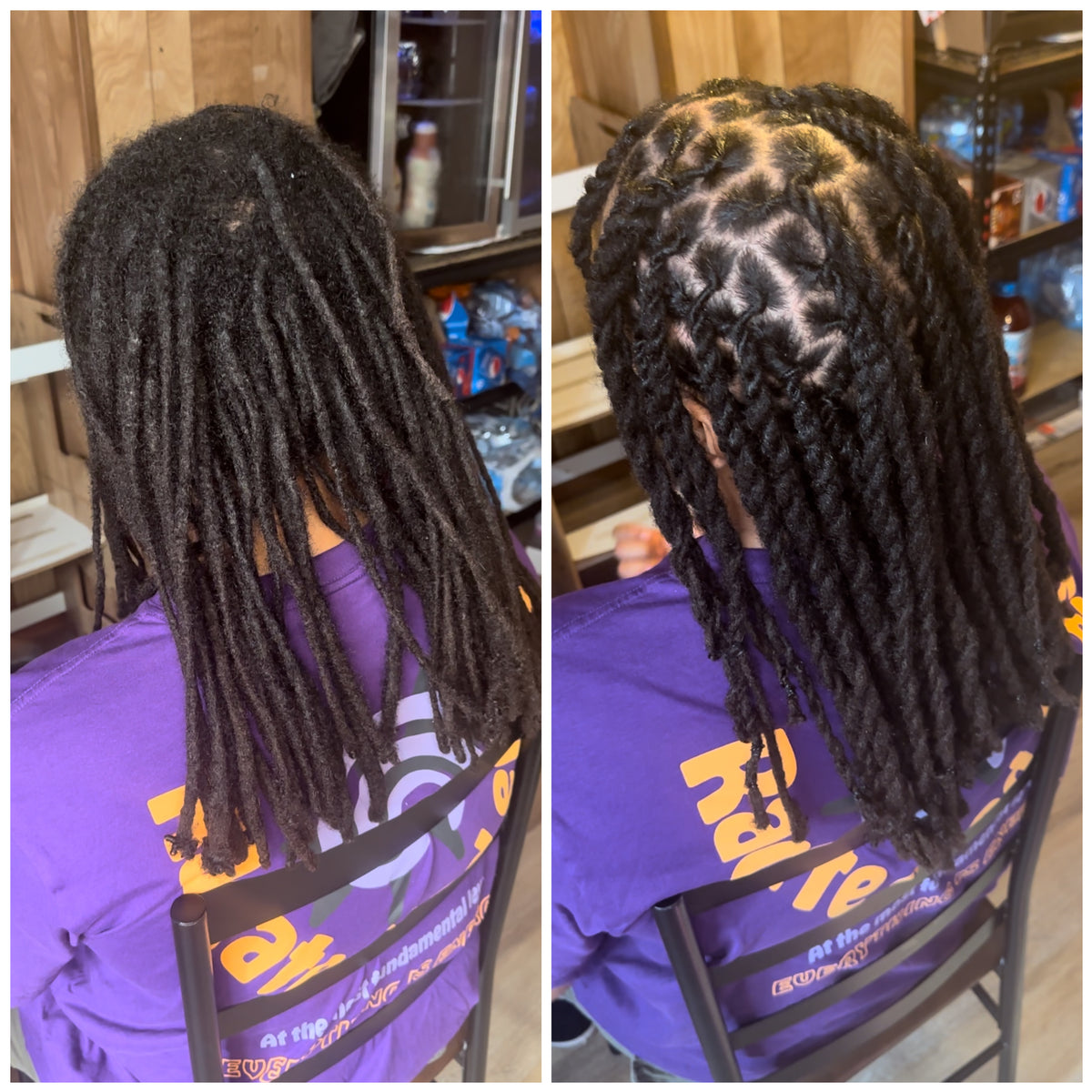 Black locs with slicked edges and defined braid pattern