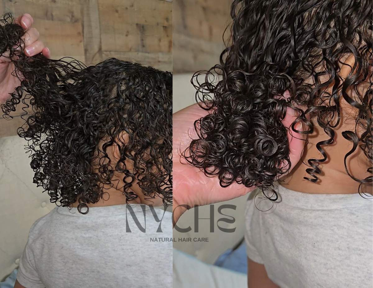 Leave-in conditioner cream applied to dark curly hair, hands smoothing curls