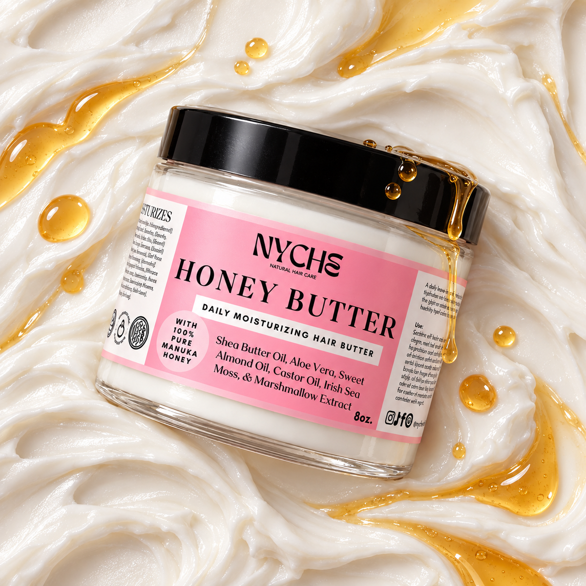 Honey butter hair moisturizer jar on creamy white balm with golden drips