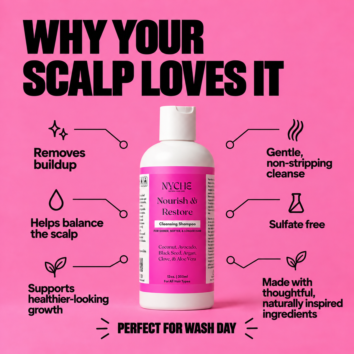 Moisturizing growth shampoo bottle with white cap and pink label