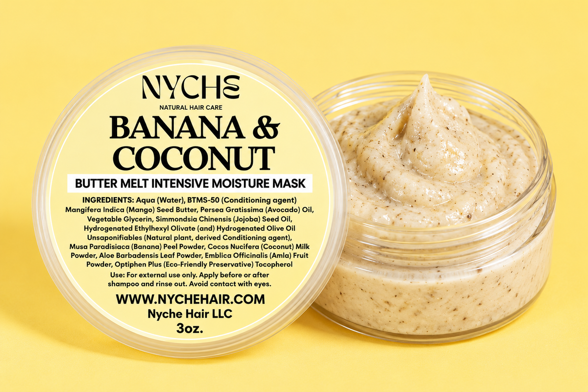 Hair melt mask jar with creamy light-tan paste; Banana & Coconut label on lid