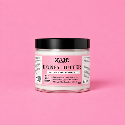 Daily moisturizing hair butter jar with black lid and Honey Butter label