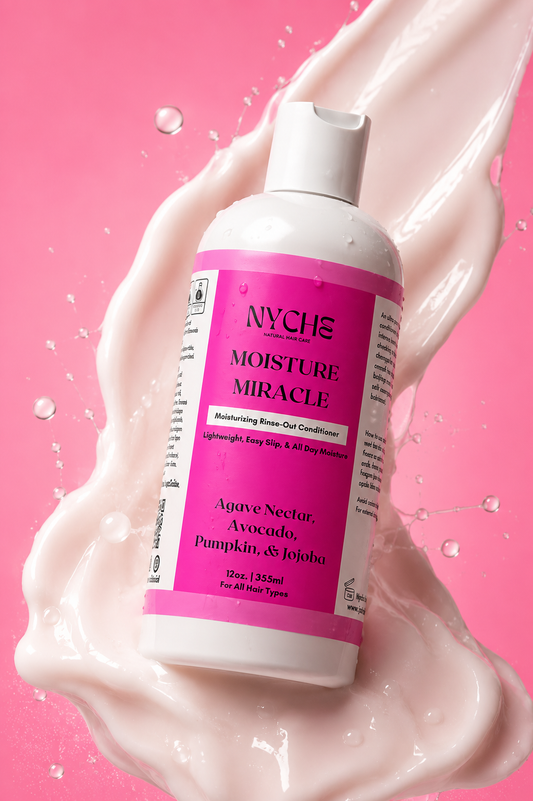 Rinse-out growth conditioner bottle with creamy conditioner swirl and pink label