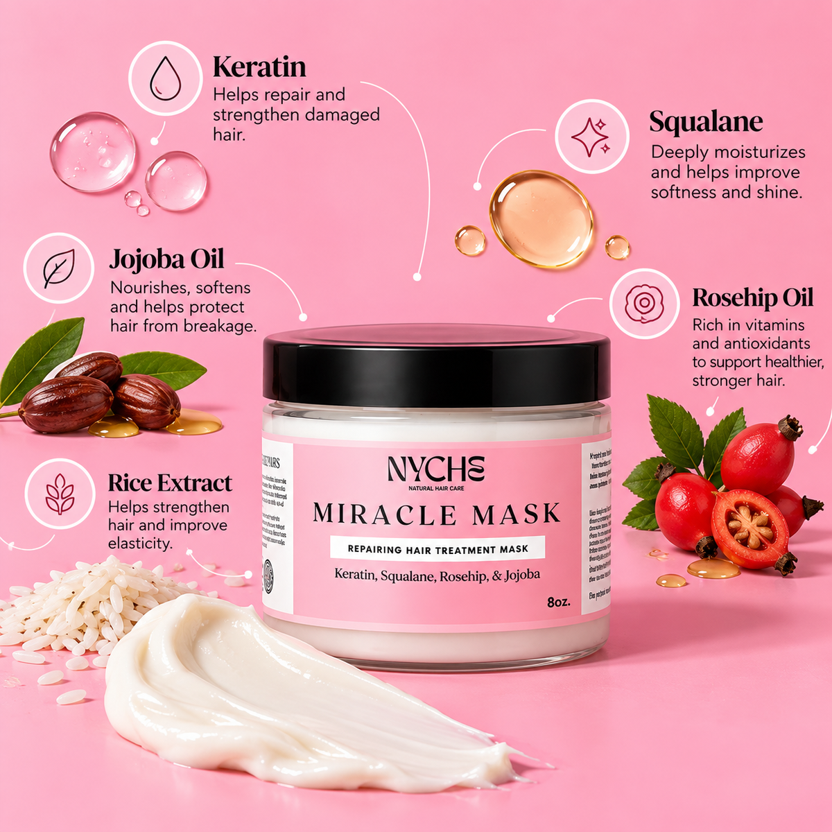 NYCHE repairing hair treatment mask jar with creamy hair mask