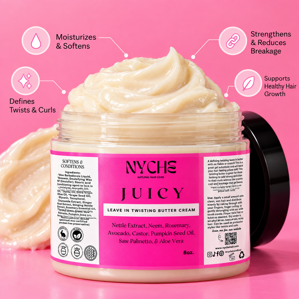 Leave-in twisting butter cream in pink jar, creamy off-white texture, 8 oz
