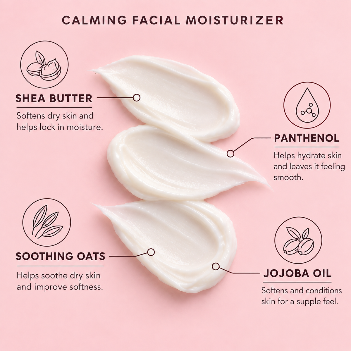 Calming facial moisturizer with white cream dollops; labels for shea butter, oats, panthenol