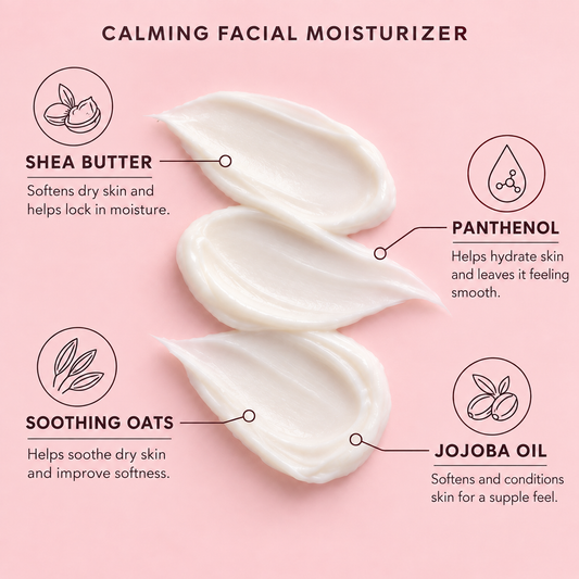 Calming facial moisturizer with white cream dollops; labels for shea butter, oats, panthenol