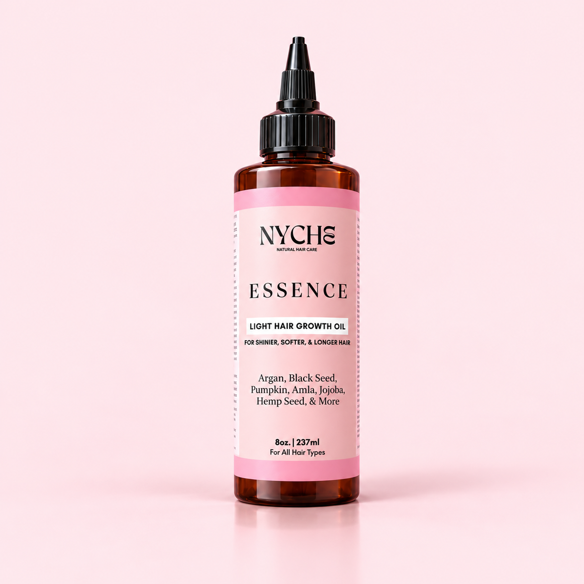Hair growth oil bottle with dropper cap, amber glass, pink label