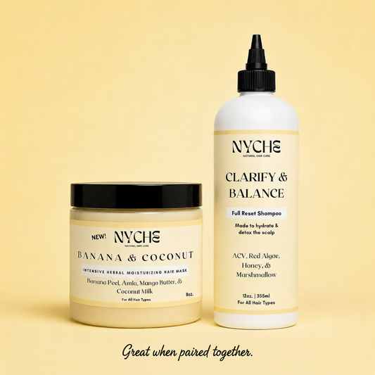 Clarify & Balance shampoo bottle and matching hair mask jar, black pump and lid