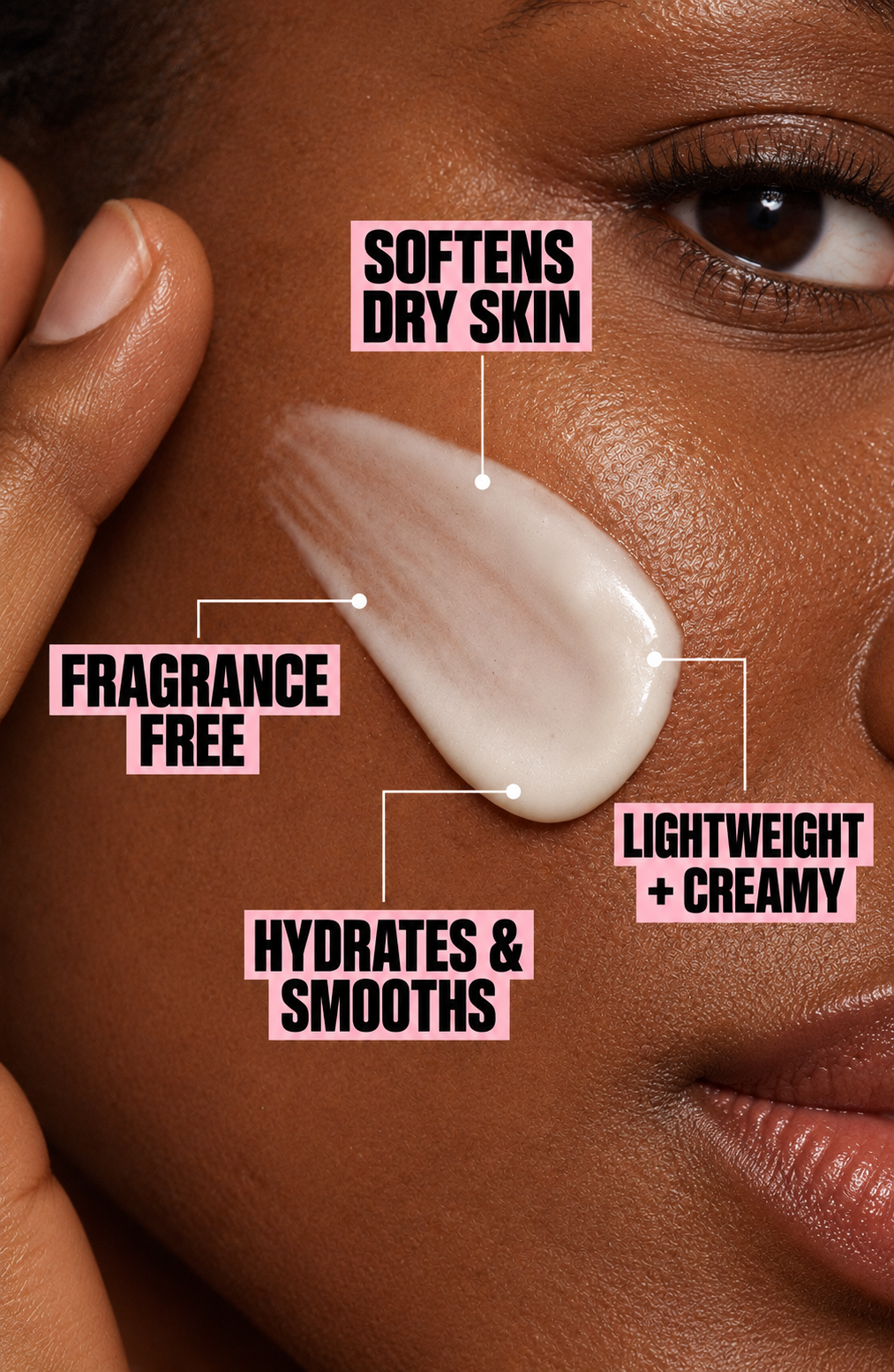 Face and body moisturizer with creamy white application on cheek for hydrated skin