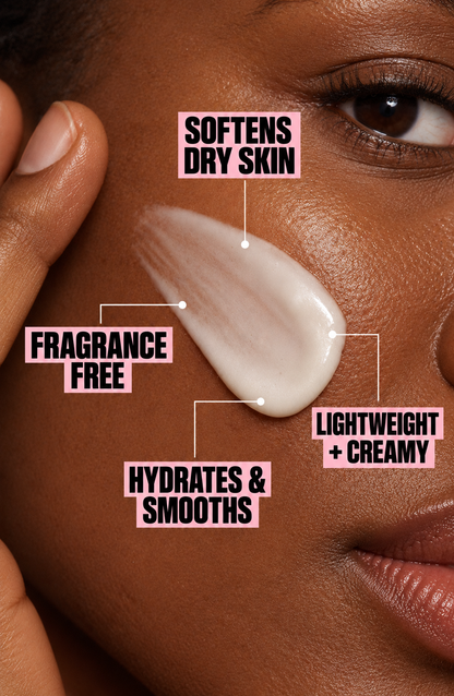 Face and body moisturizer with creamy white application on cheek for hydrated skin