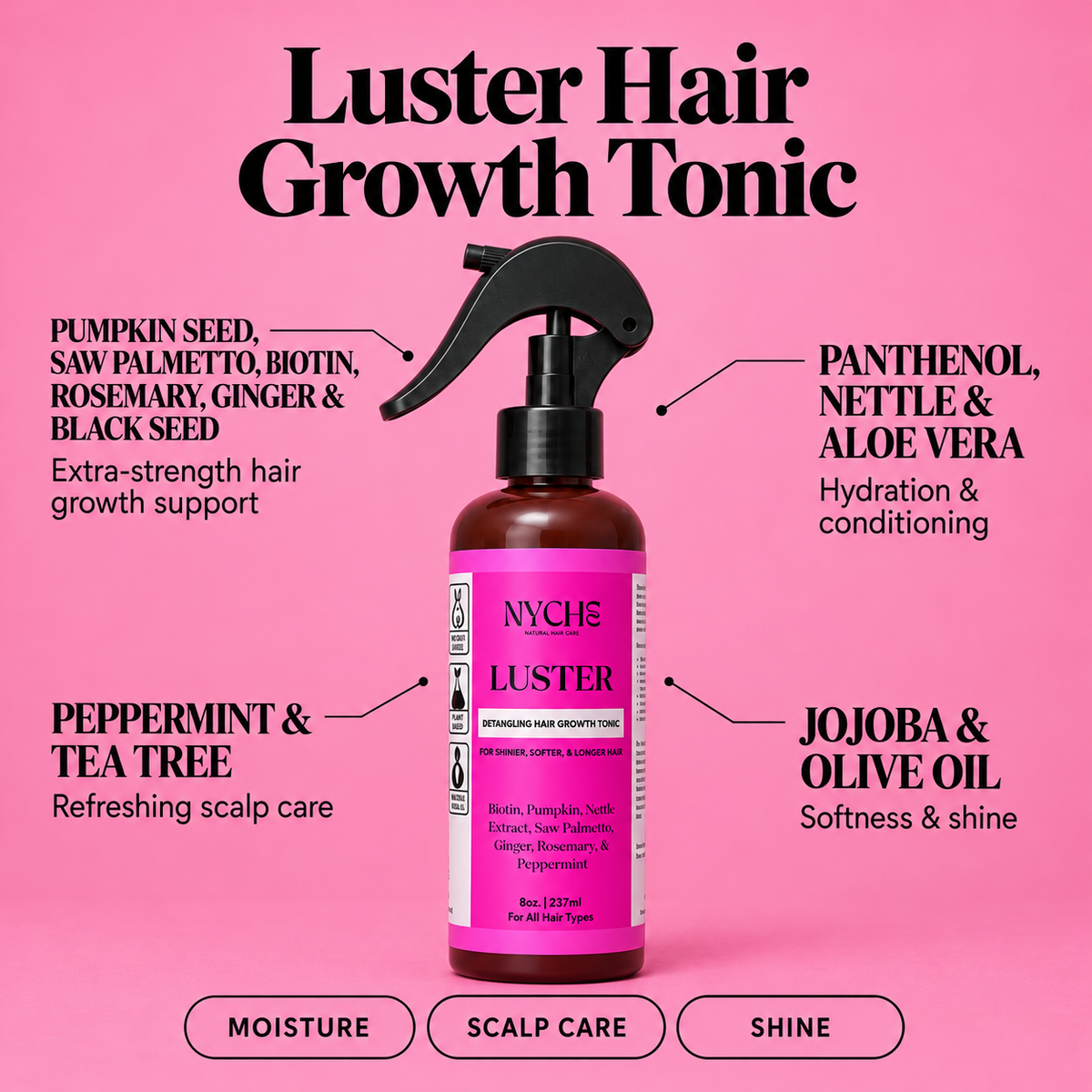 Luster- Scalp & Hair Growth Tonic with BIOTIN, Nettle, Aloe, Rosemary, Tea Tree, Pumpkin, & Saw Palmetto
