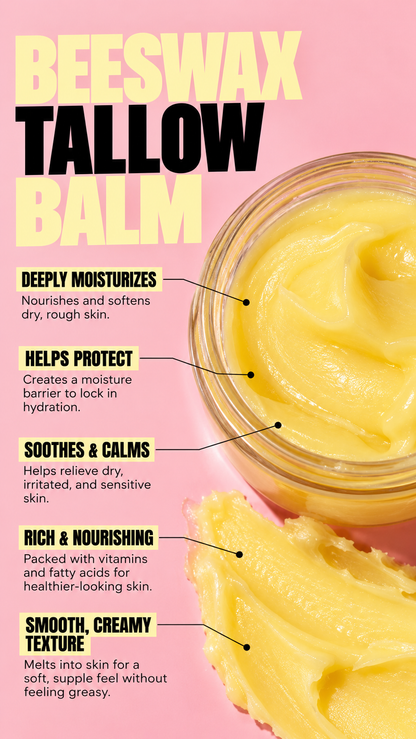 Tallow and manuka honey face & body balm jar with yellow creamy balm inside
