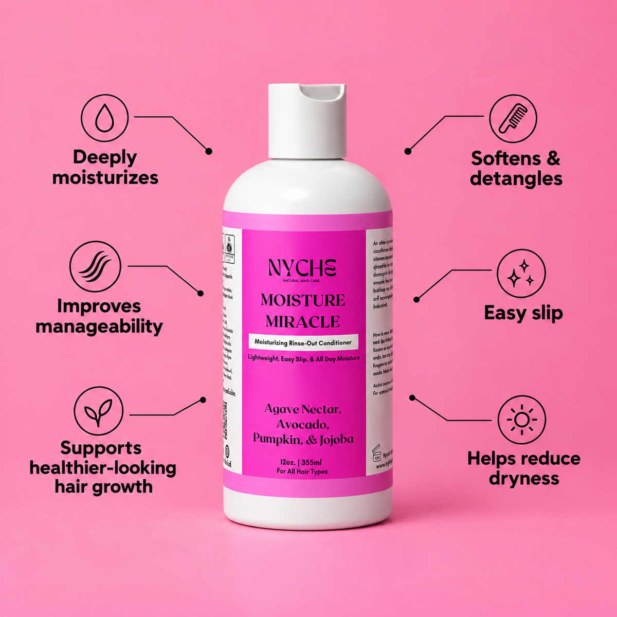 Jumbo rinse-out hair conditioner bottle with white and pink label, plastic cap