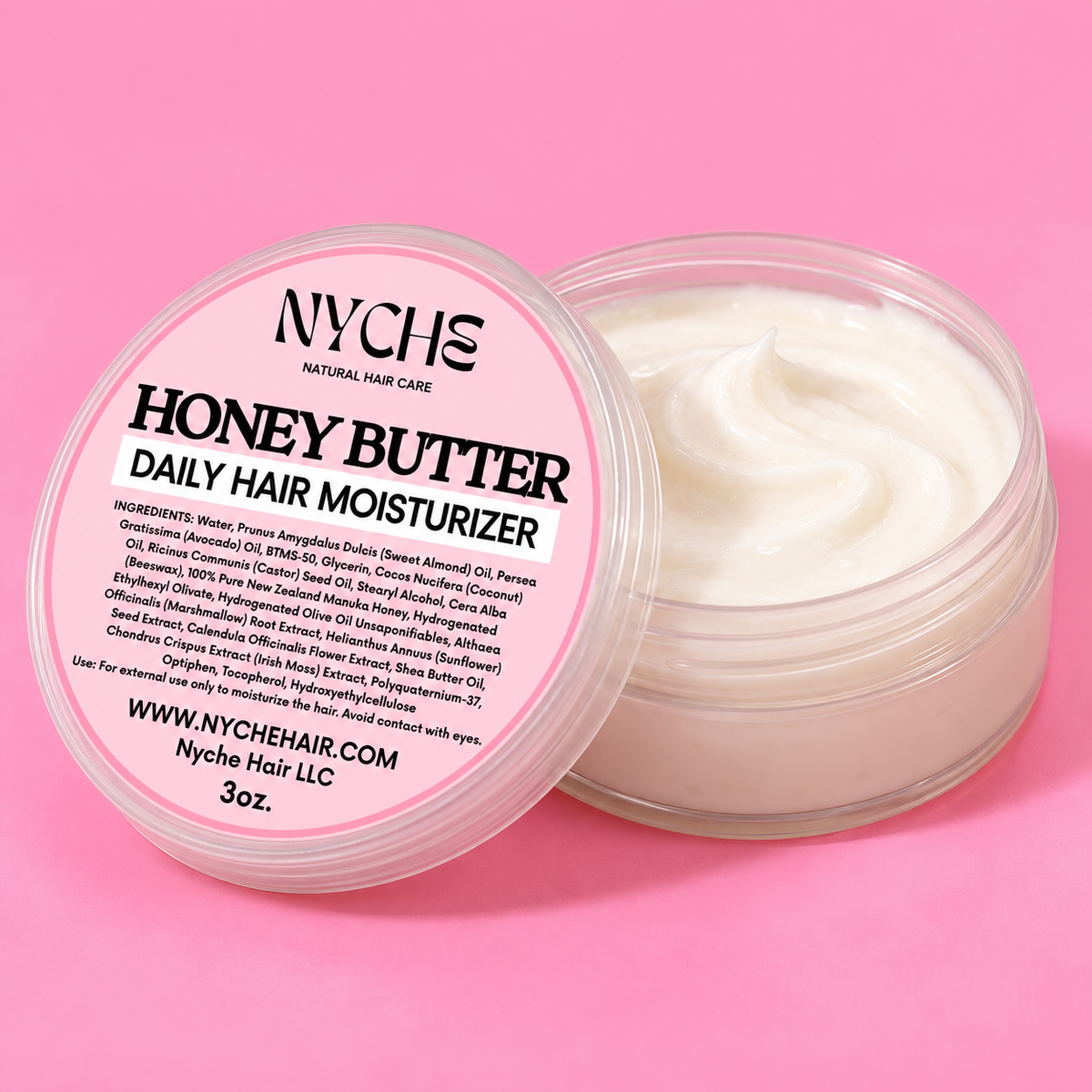 Hair butter moisturizer jar with creamy white hair balm, open lid