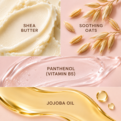 Calming facial moisturizer, creamy swirl with panthenol, shea butter, oats, jojoba oil