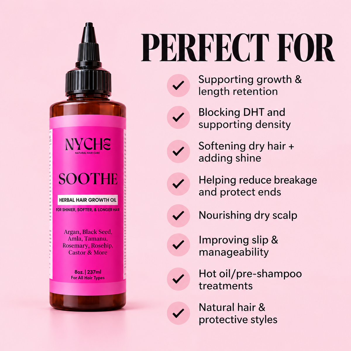 Ayurvedic hair growth oil bottle with black dropper, pink label, Soothe formula.
