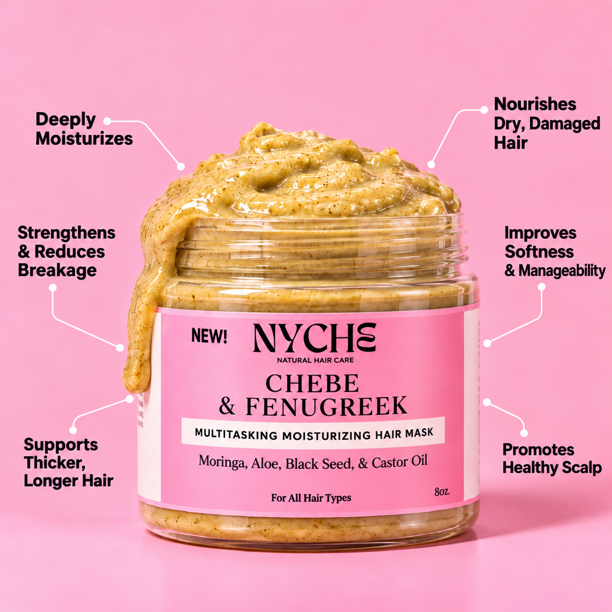 NYCHS chebé and fenugreek moisturizing hair mask jar with pink label