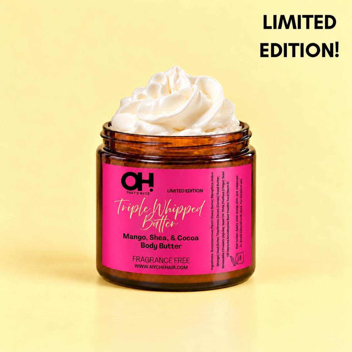 Amber glass body butter jar with pale whipped swirl, open lid visible
