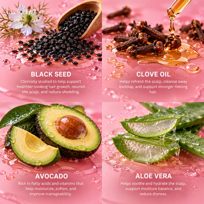 Moisturizing growth shampoo with black seed, clove oil, avocado, and aloe vera
