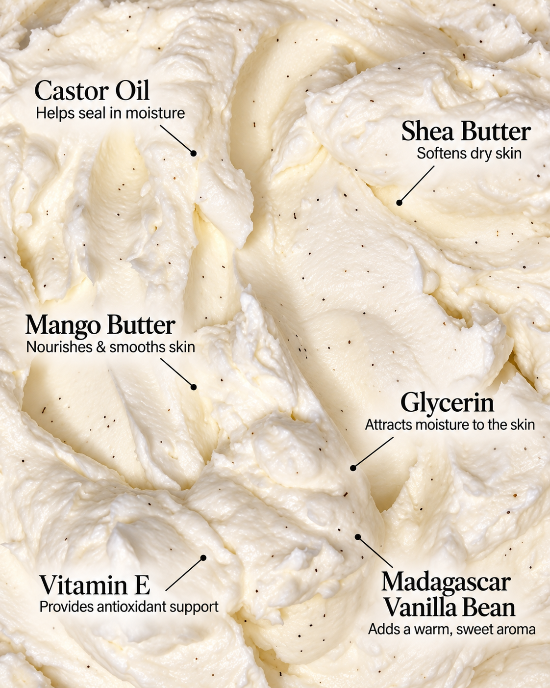 Vanilla bean body butter cream with visible vanilla bean flecks, thick texture