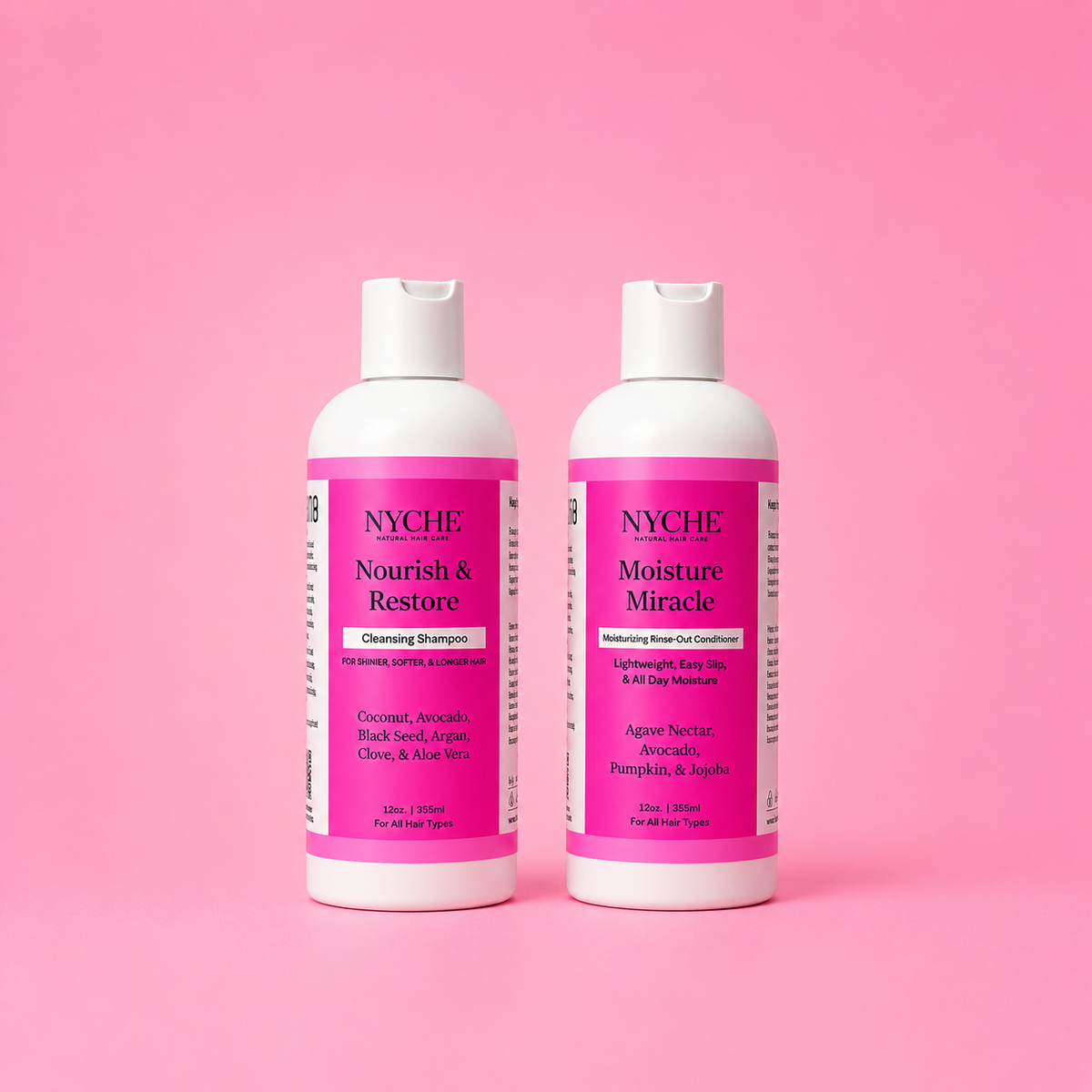 NYCHE Nourish & Restore and Moisture Miracle shampoo bottles, 2-pack