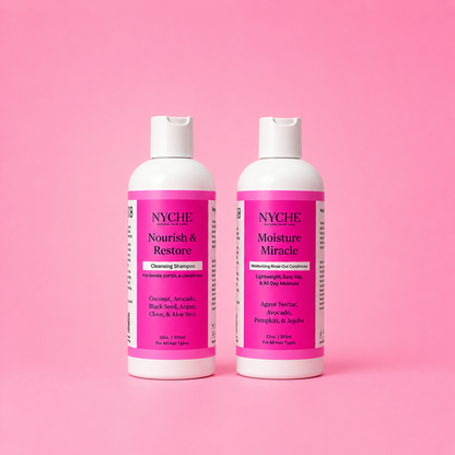 NYCHE Nourish & Restore and Moisture Miracle shampoo bottles, 2-pack
