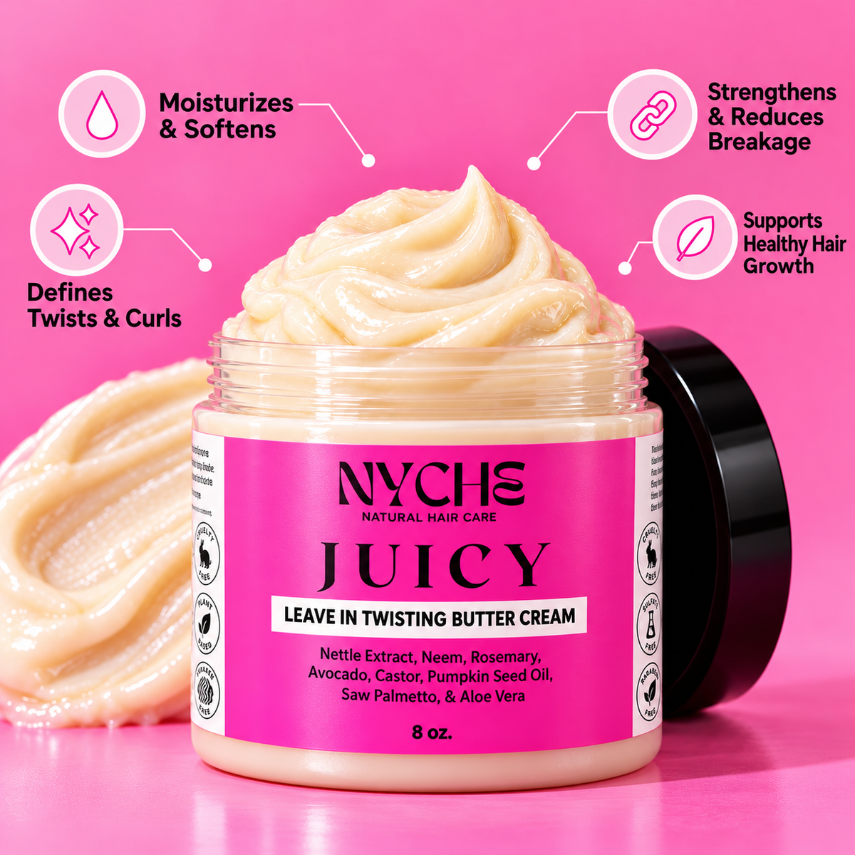 NYCH'S Juicy leave-in twisting butter cream jar with beige cream swirl, 8 oz