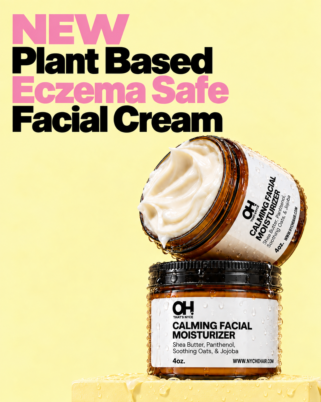 Calming facial moisturizer jar with open lid and creamy white dollop on spoon