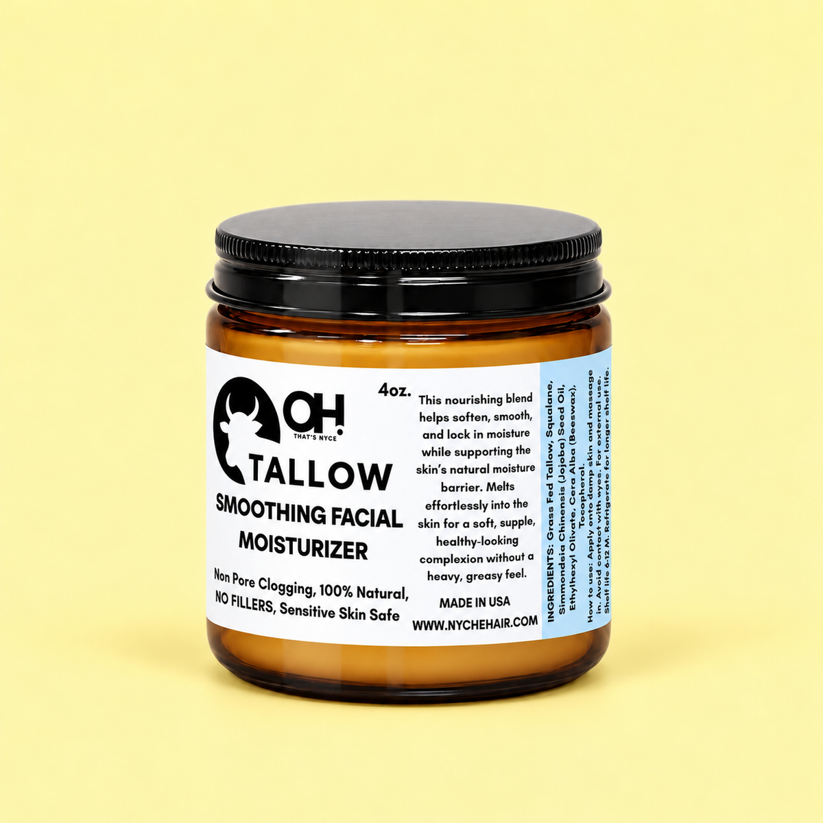 Tallow smoothing facial moisturizer jar with black lid and amber glass container