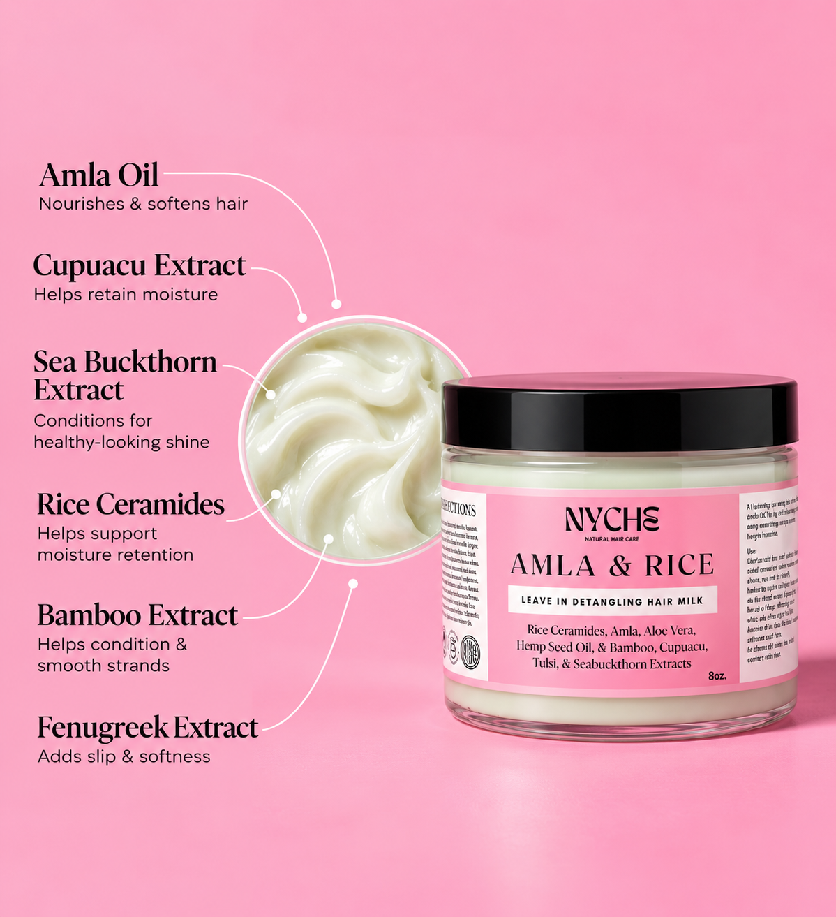 Leave-in hair milk jar, NYCHE amla & rice with cream swirl detail