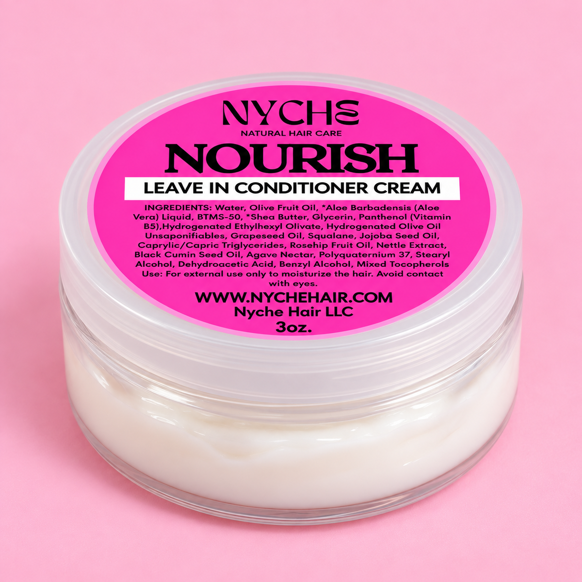 Hydrating leave-in conditioner cream jar with white cream and pink Nourish label