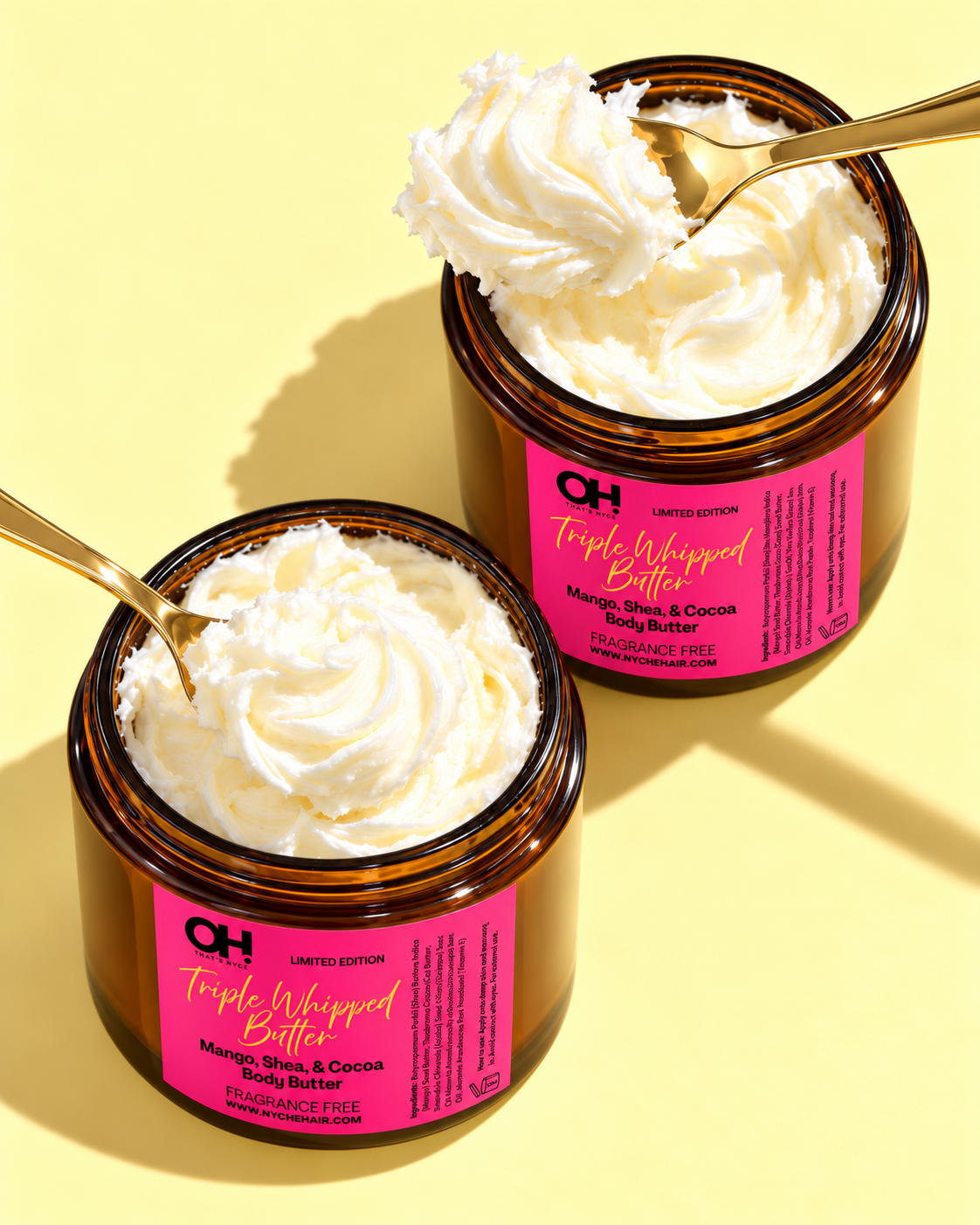 Two body butter jars with white whipped topping and scoop on rim