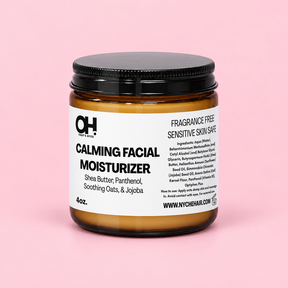 Calming facial moisturizer jar with black lid and amber glass, fragrance-free label