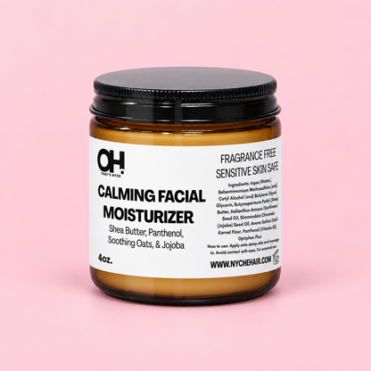 Calming facial moisturizer jar with black lid and amber glass, fragrance-free label