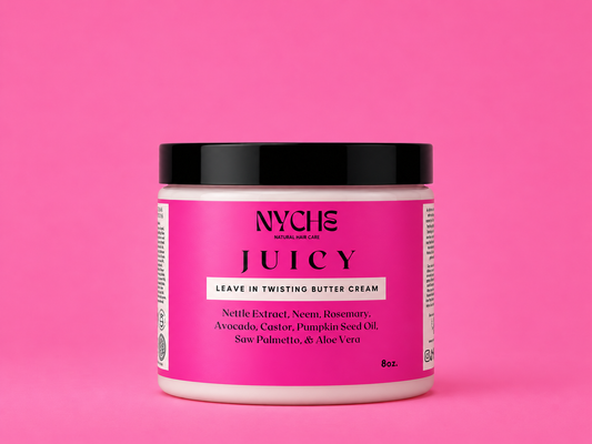 NYCH'S Juicy leave-in twisting butter cream jar with black lid, pink label, 8 oz