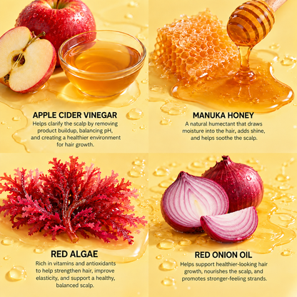 Scalp balancing shampoo ingredient set: honey, red algae, apple cider vinegar, onion oil
