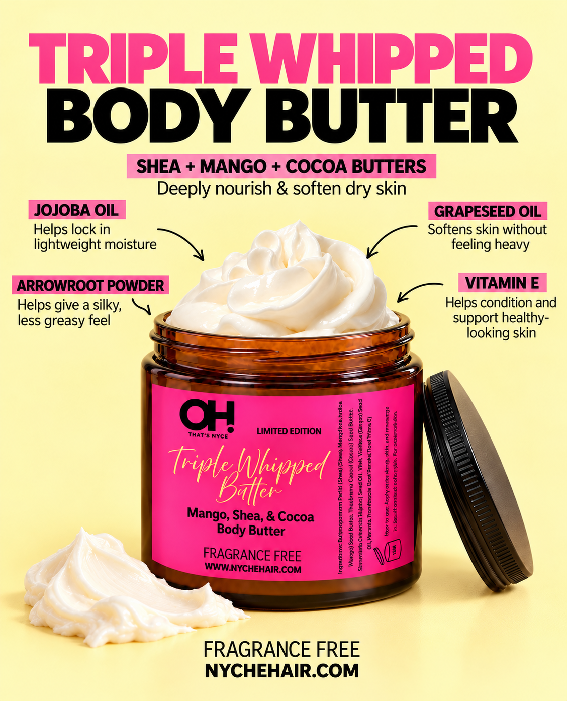 Pink-labeled body butter jar with white whipped cream texture and lid