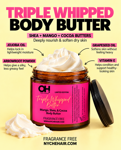 Pink-labeled body butter jar with white whipped cream texture and lid