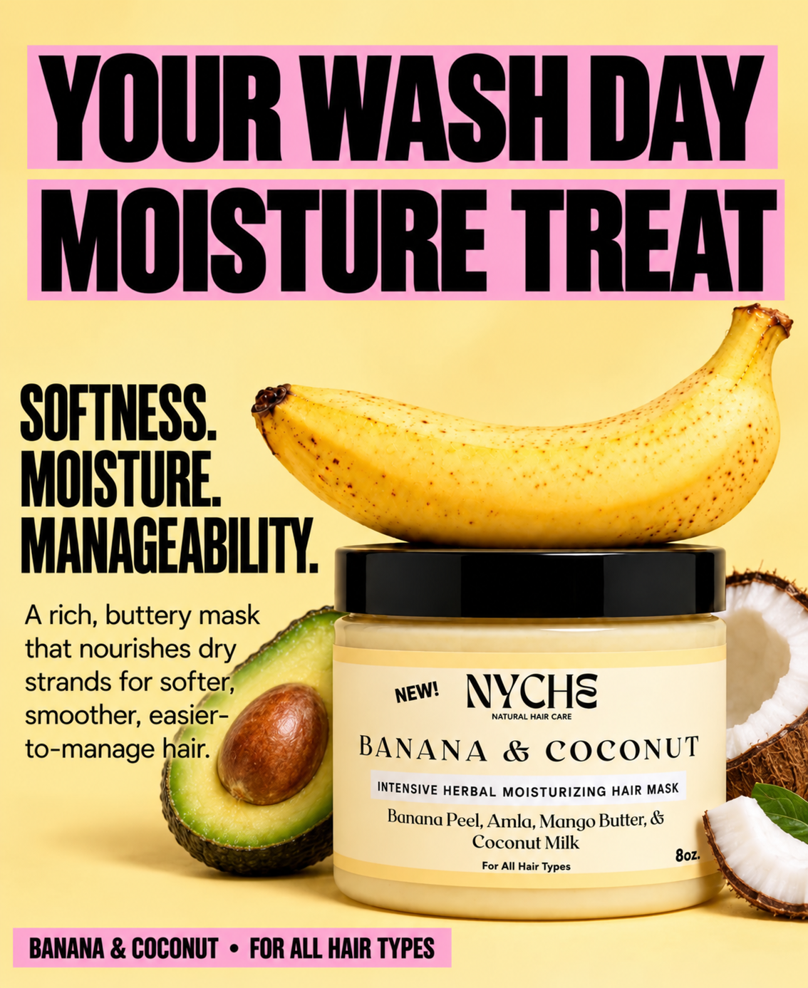 Banana and coconut hair mask in a jar with banana, avocado, and coconut illustrations
